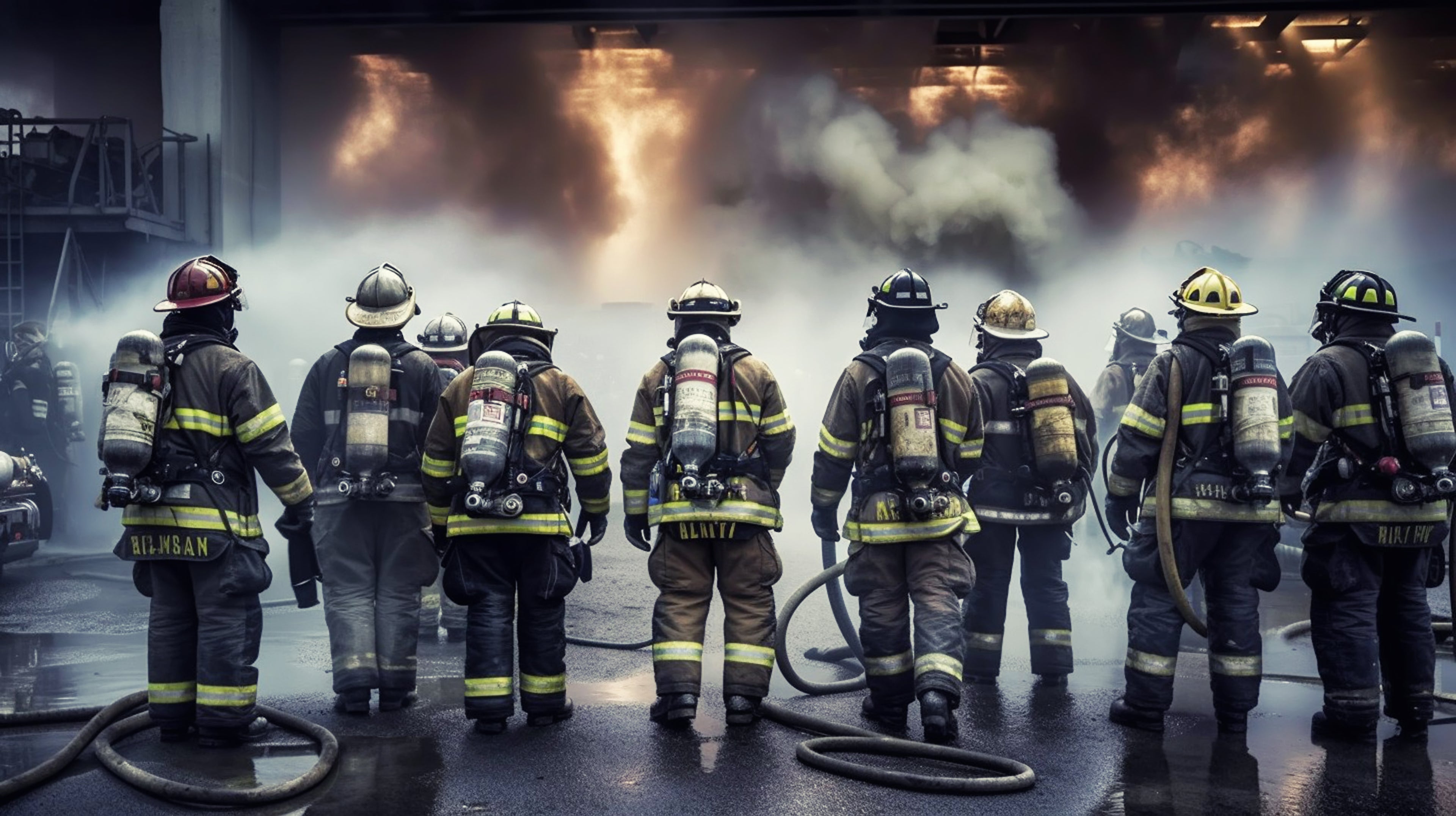 Row of firefighters outside smokey building